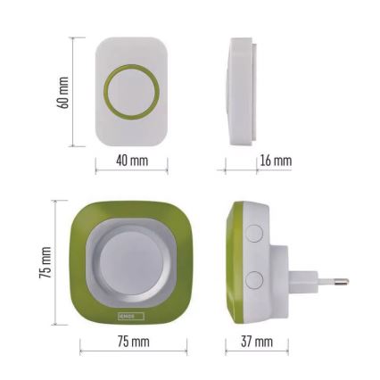 Bezdrátový zvonek do zásuvky 230V + 1xCR2032 IP44 zelená